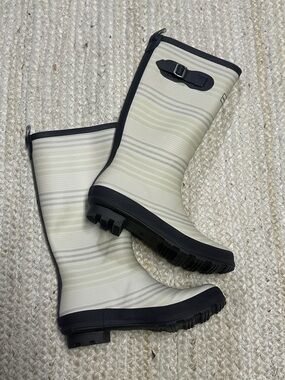 NEW Smith & Hawken Neutral Stripe Tall Rubber Rain Boots, 8